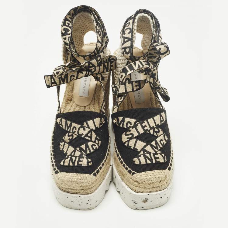 Pre Owned Stella McCartney Gaia Size 36 Black/Beige Canvas Platform Espadrille Sandals