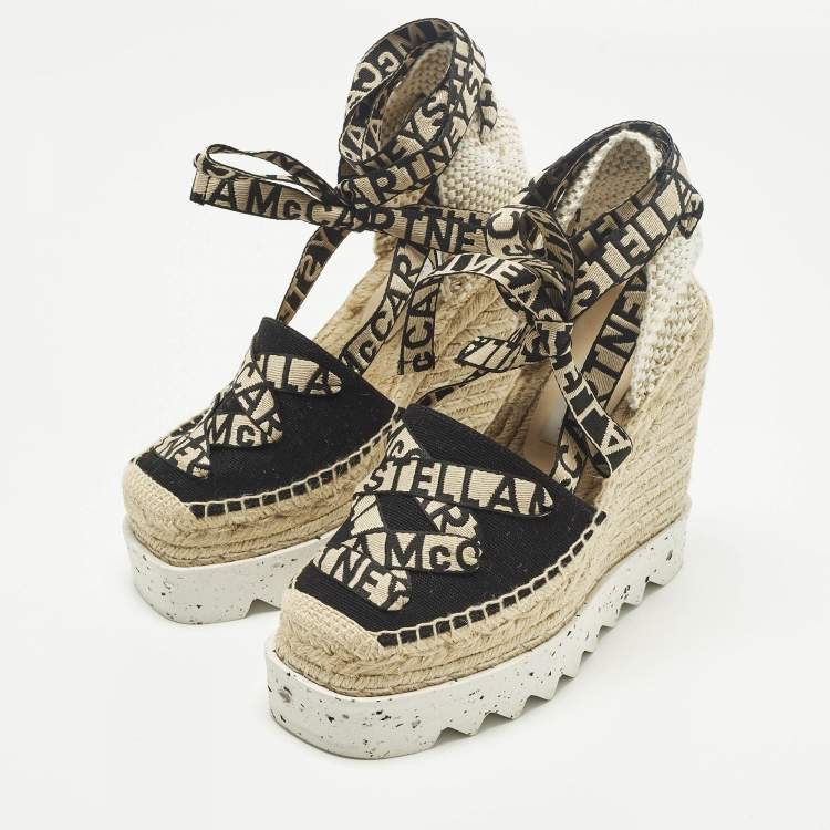 Pre Owned Stella McCartney Gaia Size 36 Black/Beige Canvas Platform Espadrille Sandals