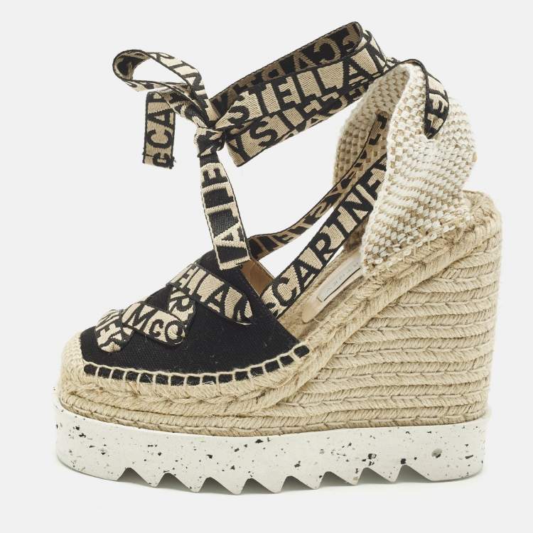 Pre Owned Stella McCartney Gaia Size 36 Black/Beige Canvas Platform Espadrille Sandals