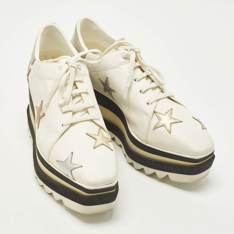 Pre Owned Stella McCartney Elyse Star Size 39 White Faux Leather Platform Derby Sneakers