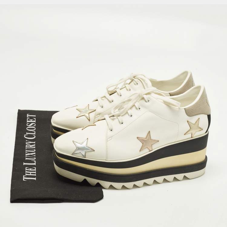 Pre Owned Stella McCartney Elyse Star Size 39 White Faux Leather Platform Derby Sneakers