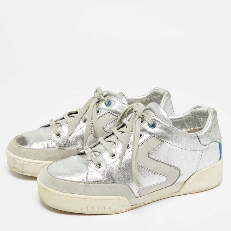 Pre Owned Stella McCartney Size 38 Silver Faux Leather and Faux Suede Lace Up Sneakers