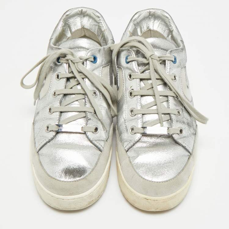 Pre Owned Stella McCartney Size 38 Silver Faux Leather and Faux Suede Lace Up Sneakers