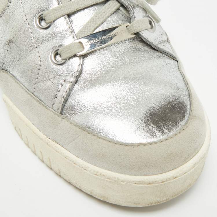 Pre Owned Stella McCartney Size 38 Silver Faux Leather and Faux Suede Lace Up Sneakers