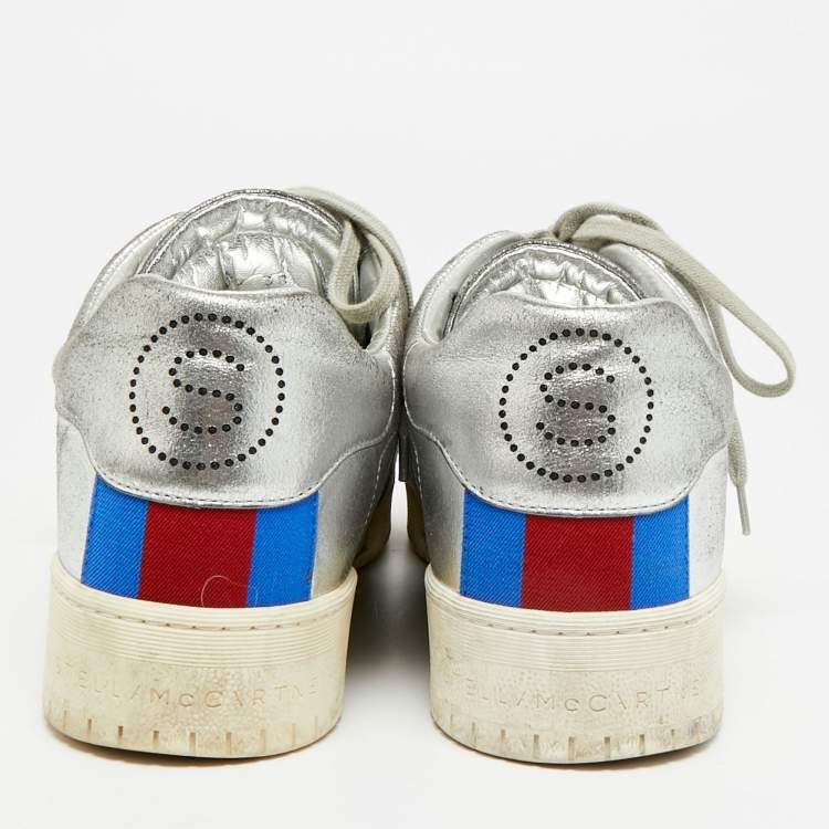 Pre Owned Stella McCartney Size 38 Silver Faux Leather and Faux Suede Lace Up Sneakers