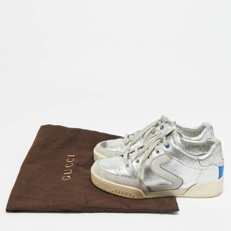 Pre Owned Stella McCartney Size 38 Silver Faux Leather and Faux Suede Lace Up Sneakers