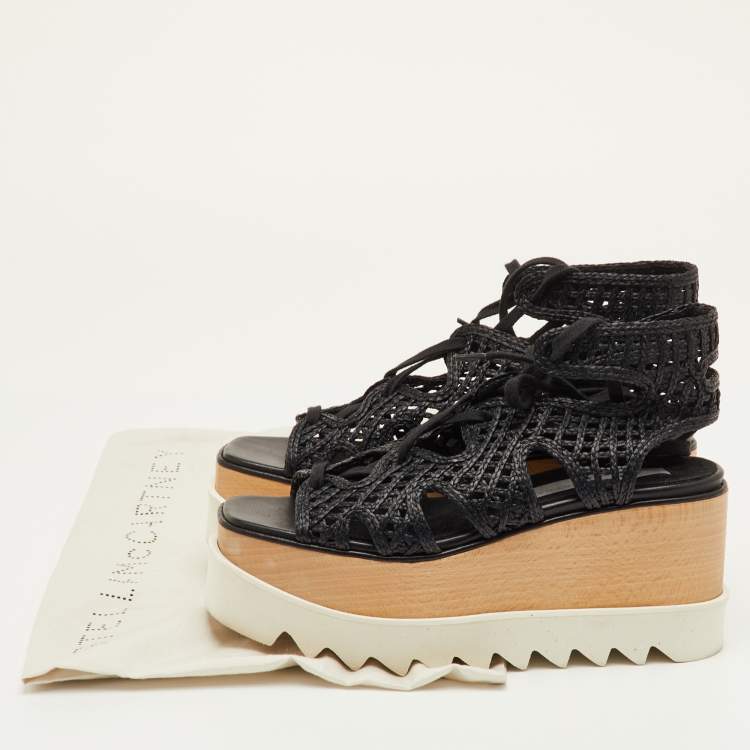 مملوكة مسبقًا Stella McCartney Elyse Size 36.5 Black Woven Raffia Lace Up Platform Sandals