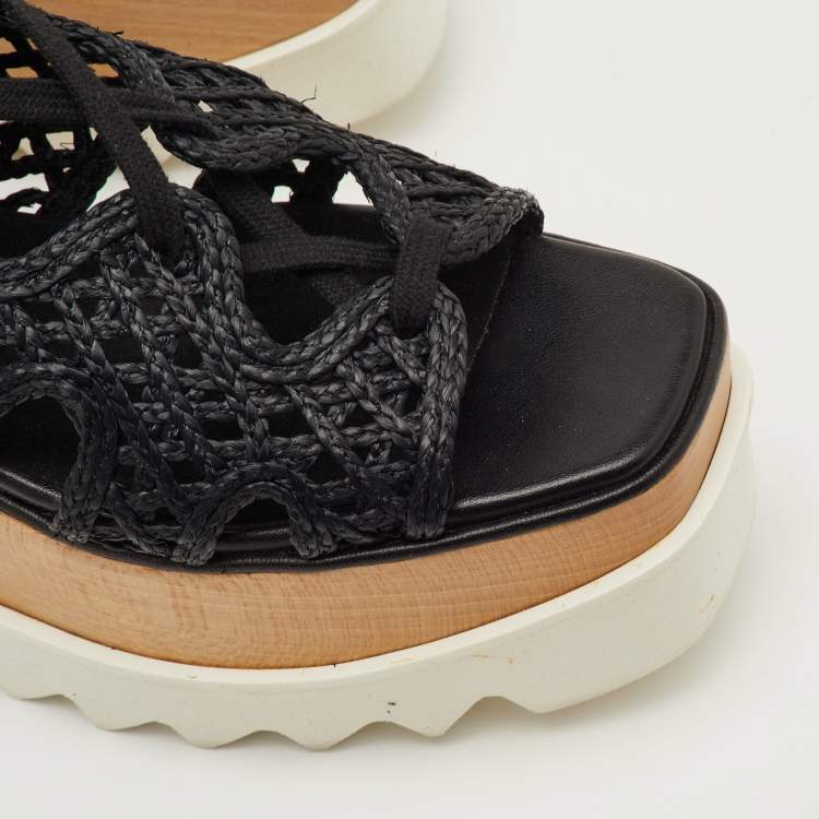 مملوكة مسبقًا Stella McCartney Elyse Size 36.5 Black Woven Raffia Lace Up Platform Sandals