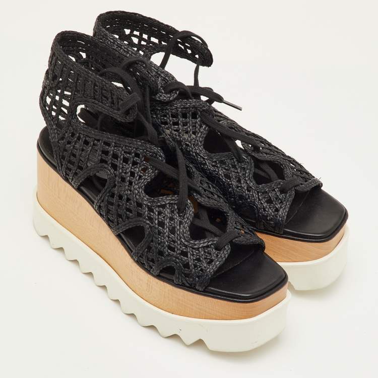 مملوكة مسبقًا Stella McCartney Elyse Size 36.5 Black Woven Raffia Lace Up Platform Sandals