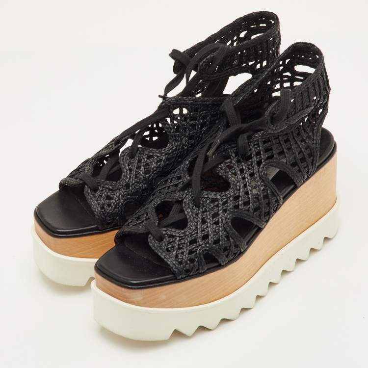 مملوكة مسبقًا Stella McCartney Elyse Size 36.5 Black Woven Raffia Lace Up Platform Sandals