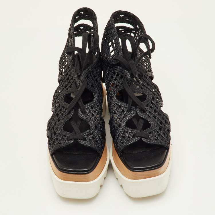 مملوكة مسبقًا Stella McCartney Elyse Size 36.5 Black Woven Raffia Lace Up Platform Sandals
