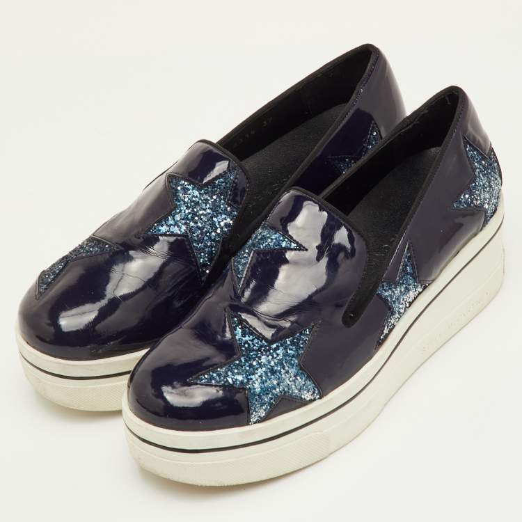 Pre Owned Stella McCartney Binx Star Size 37 Navy Blue Faux Patent Leather Platform Slip On Sneakers
