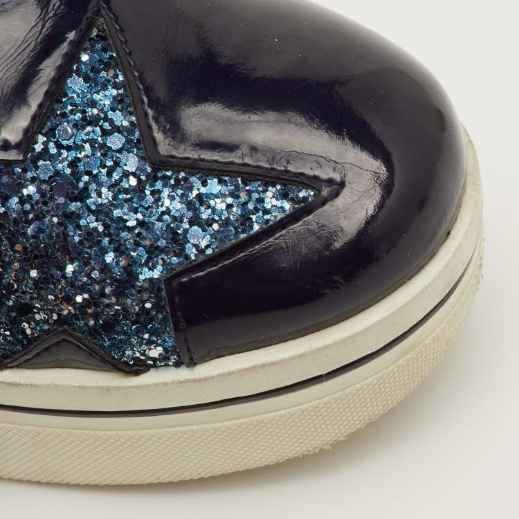 Pre Owned Stella McCartney Binx Star Size 37 Navy Blue Faux Patent Leather Platform Slip On Sneakers