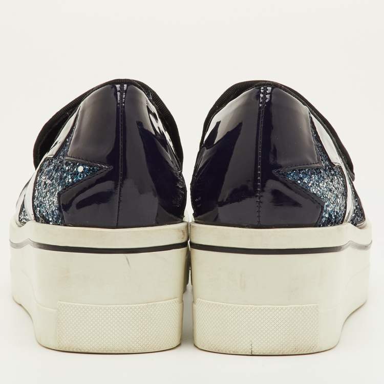 Pre Owned Stella McCartney Binx Star Size 37 Navy Blue Faux Patent Leather Platform Slip On Sneakers