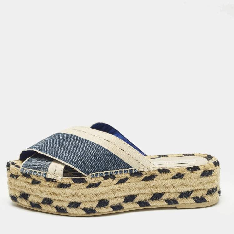 Pre Owned Stella McCartney Size 39 Navy Blue/Beige Canvas Criss Cross Espadrille Platform Sandals