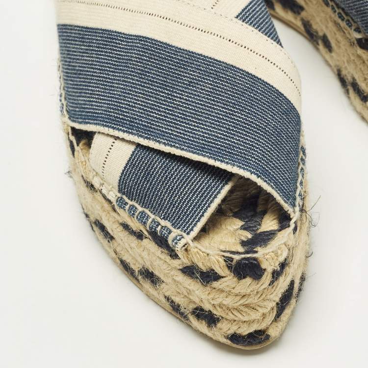 Pre Owned Stella McCartney Size 39 Navy Blue/Beige Canvas Criss Cross Espadrille Platform Sandals