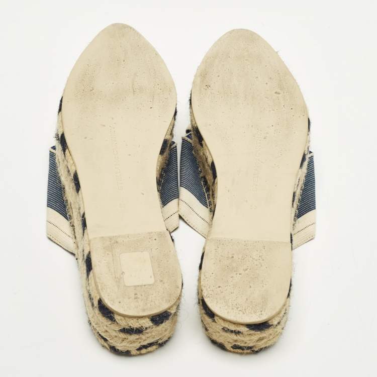 Pre Owned Stella McCartney Size 39 Navy Blue/Beige Canvas Criss Cross Espadrille Platform Sandals
