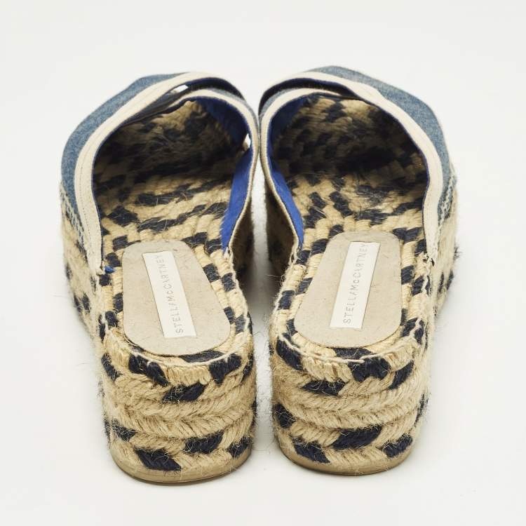 Pre Owned Stella McCartney Size 39 Navy Blue/Beige Canvas Criss Cross Espadrille Platform Sandals