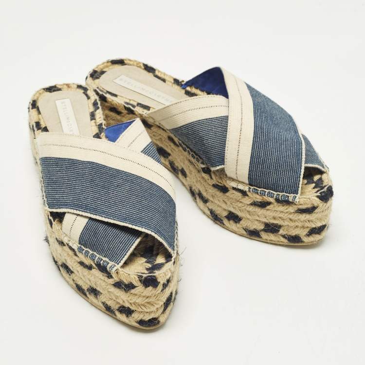 Pre Owned Stella McCartney Size 39 Navy Blue/Beige Canvas Criss Cross Espadrille Platform Sandals