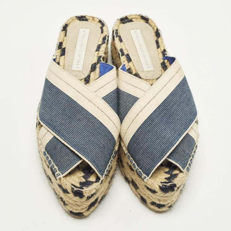 Pre Owned Stella McCartney Size 39 Navy Blue/Beige Canvas Criss Cross Espadrille Platform Sandals