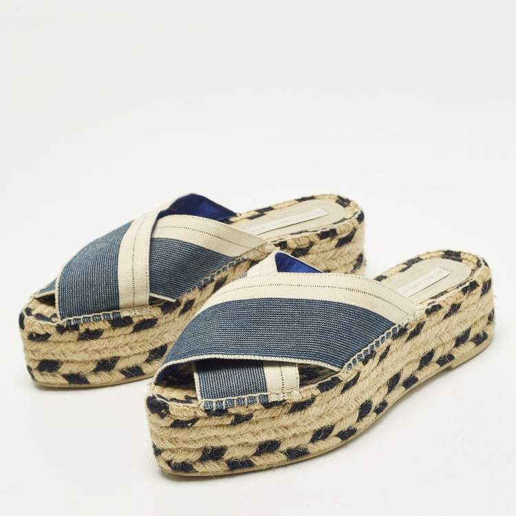 Pre Owned Stella McCartney Size 39 Navy Blue/Beige Canvas Criss Cross Espadrille Platform Sandals