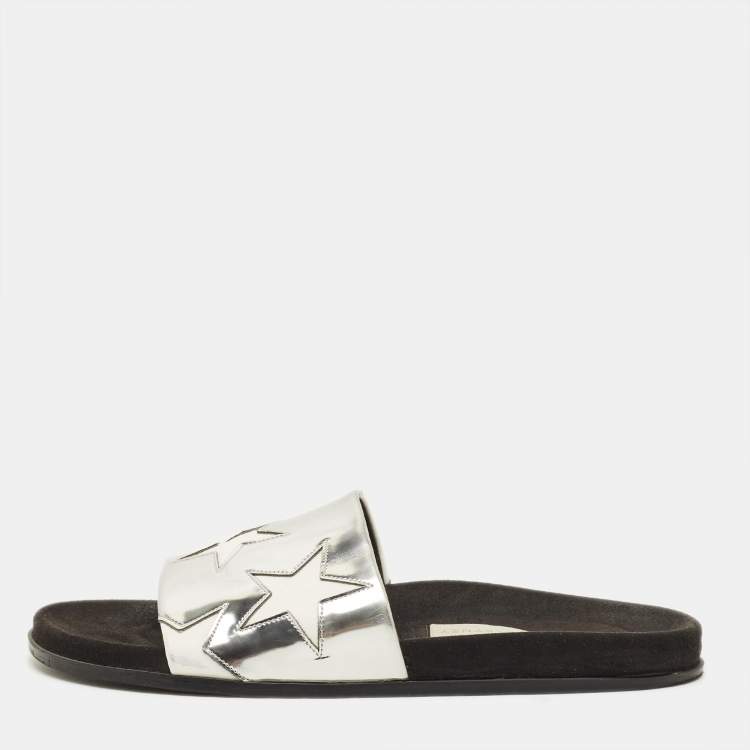 Pre Owned Stella McCartney Size 41 Silver/White Faux Leather  Star Flat Slides 