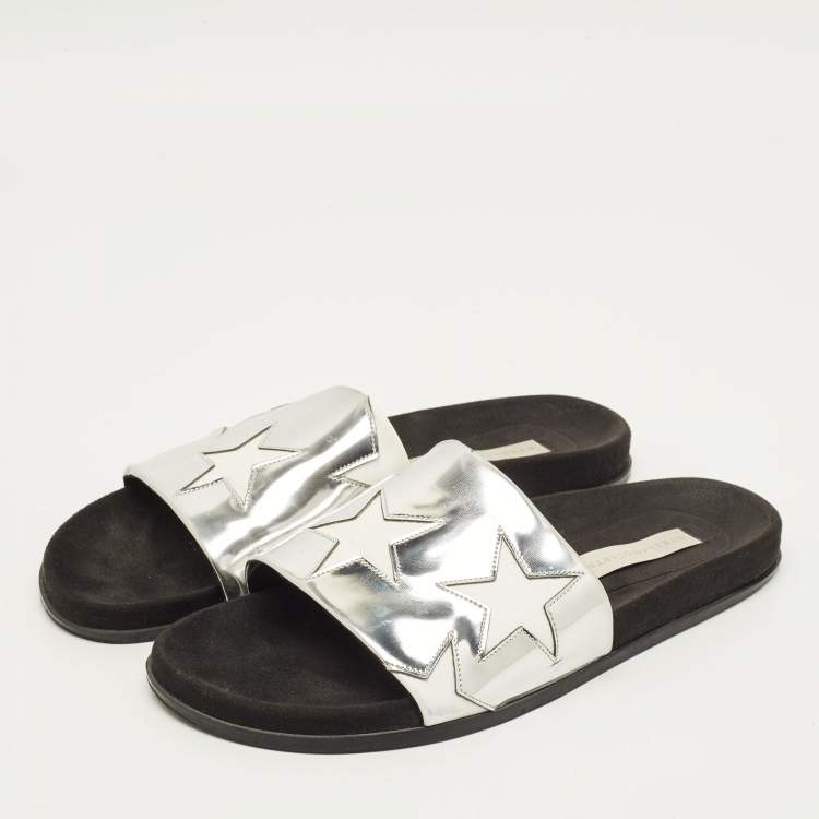 Pre Owned Stella McCartney Size 41 Silver/White Faux Leather  Star Flat Slides 