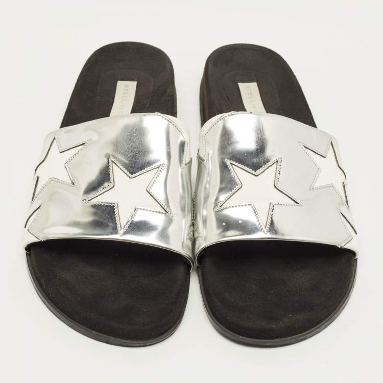 Pre Owned Stella McCartney Size 41 Silver/White Faux Leather  Star Flat Slides 