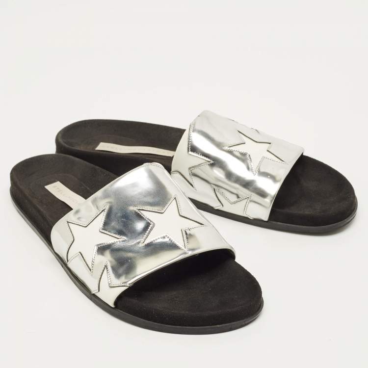Pre Owned Stella McCartney Size 41 Silver/White Faux Leather  Star Flat Slides 