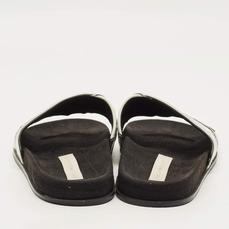 Pre Owned Stella McCartney Size 41 Silver/White Faux Leather  Star Flat Slides 