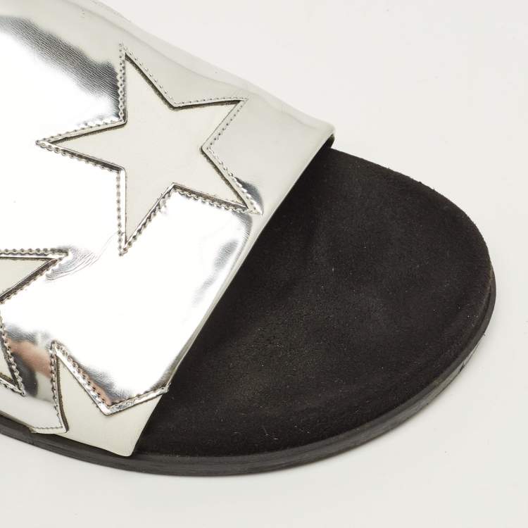 Pre Owned Stella McCartney Size 41 Silver/White Faux Leather  Star Flat Slides 
