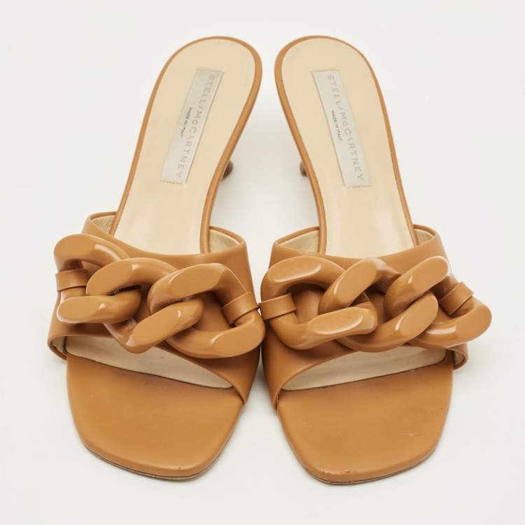 Pre Owned Stella McCartney Falabella Size 40 Brown Leather Chain Link Slide Sandals