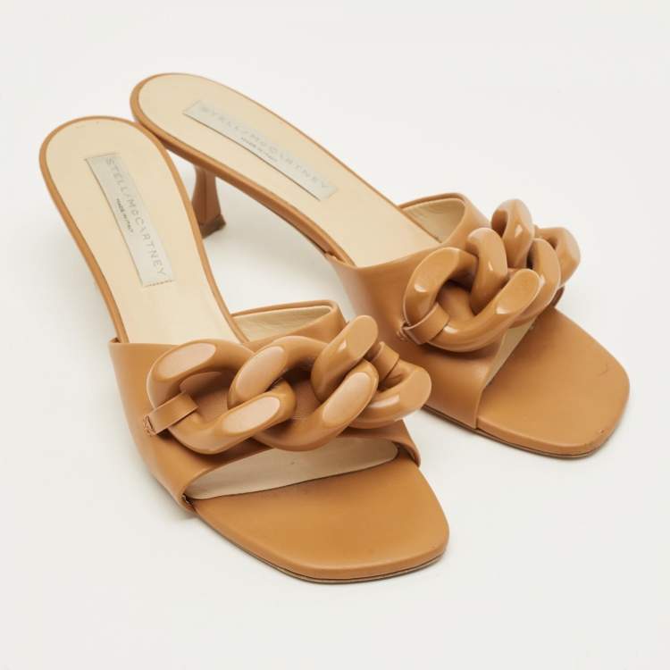 Pre Owned Stella McCartney Falabella Size 40 Brown Leather Chain Link Slide Sandals
