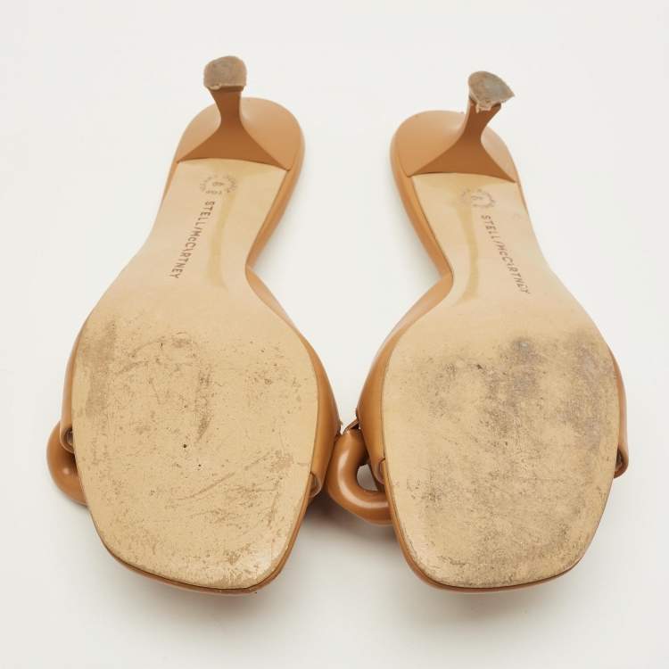 Pre Owned Stella McCartney Falabella Size 40 Brown Leather Chain Link Slide Sandals