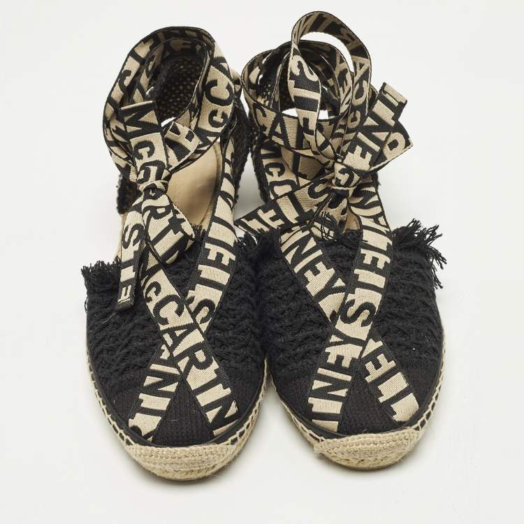 Pre Owned Stella McCartney Gaia Size 38 Black Knit Fabric Ankle Wrap Espadrille Flats