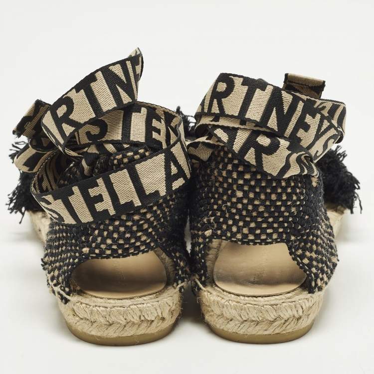 Pre Owned Stella McCartney Gaia Size 38 Black Knit Fabric Ankle Wrap Espadrille Flats