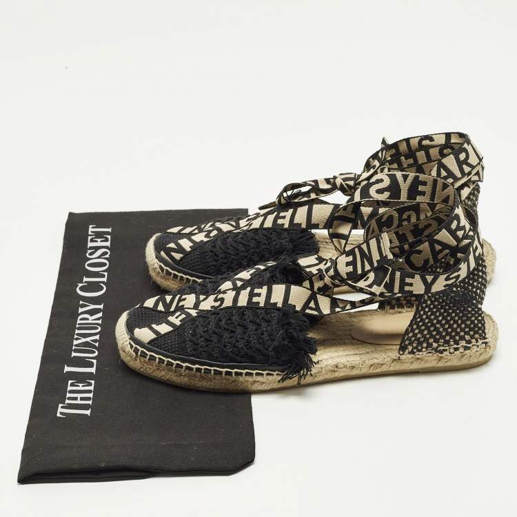 Pre Owned Stella McCartney Gaia Size 38 Black Knit Fabric Ankle Wrap Espadrille Flats