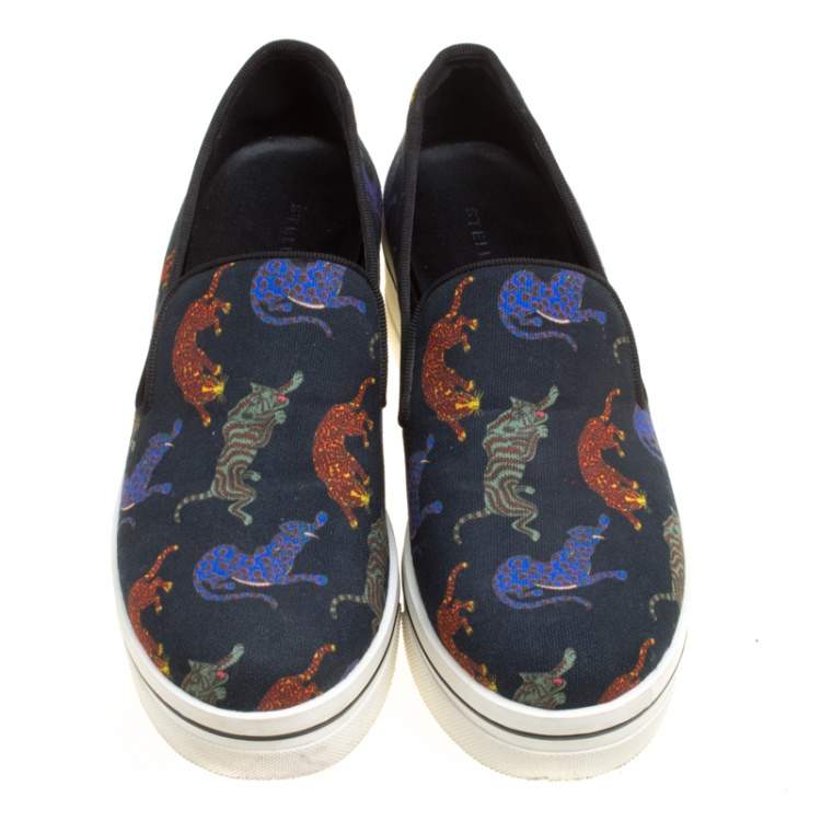 Pre Owned Stella McCartney Black Multicolor Animal Print Canvas Platform Slip On Sneakers Size 37