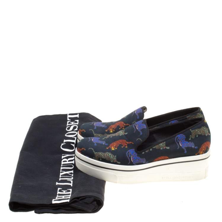 Pre Owned Stella McCartney Black Multicolor Animal Print Canvas Platform Slip On Sneakers Size 37
