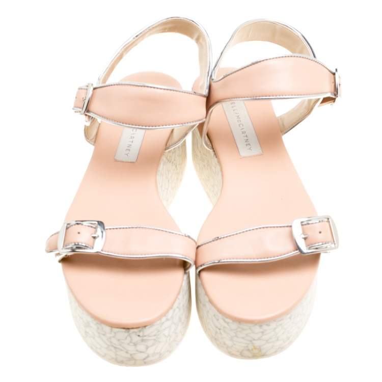 Pre Owned Stella McCartney Beige/Silver Faux Leather Geena Marble Platform Sandals Size 38