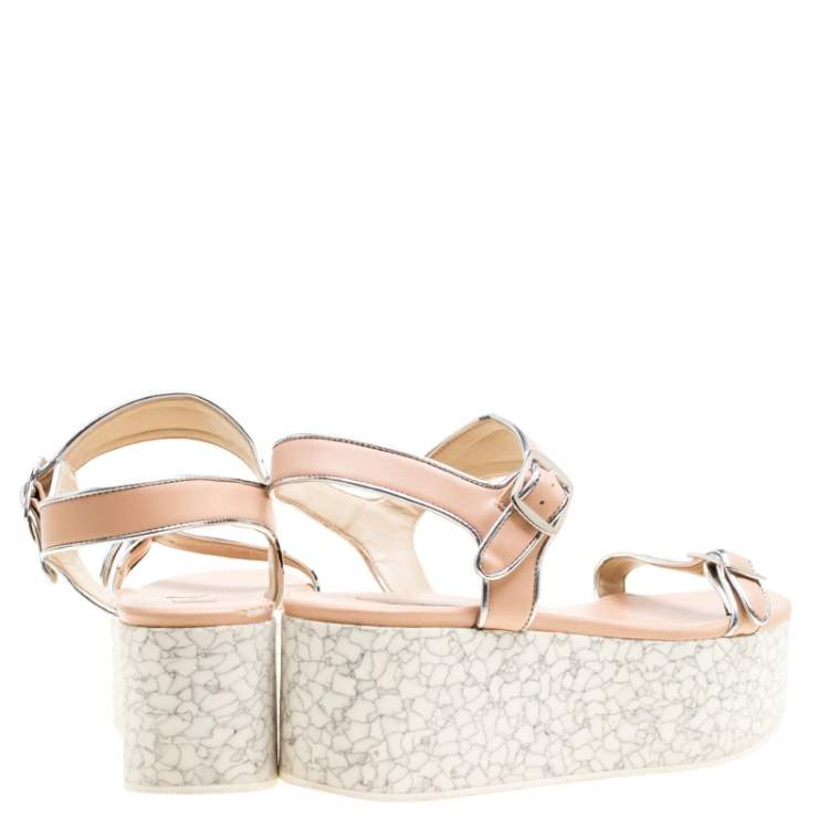 Pre Owned Stella McCartney Beige/Silver Faux Leather Geena Marble Platform Sandals Size 38