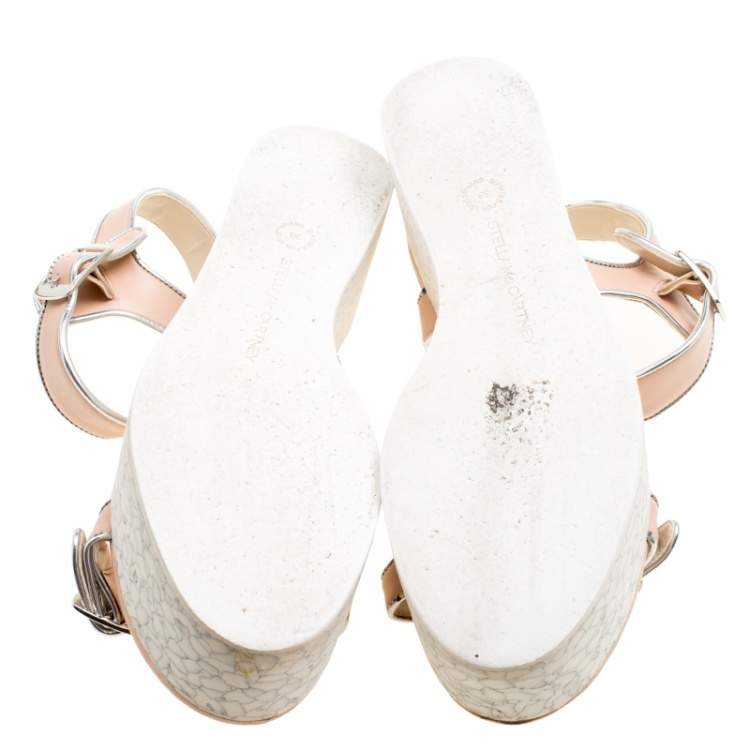 Pre Owned Stella McCartney Beige/Silver Faux Leather Geena Marble Platform Sandals Size 38