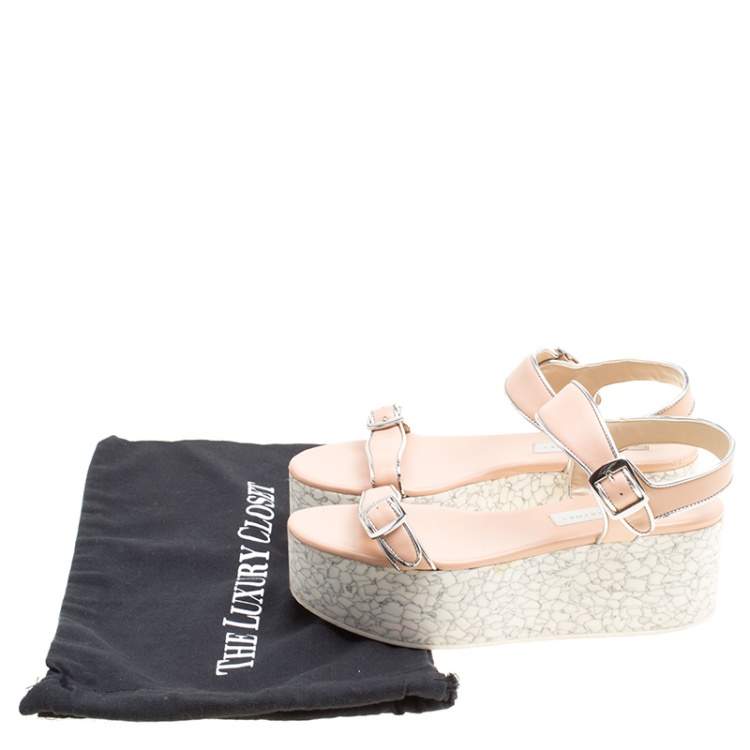 Pre Owned Stella McCartney Beige/Silver Faux Leather Geena Marble Platform Sandals Size 38