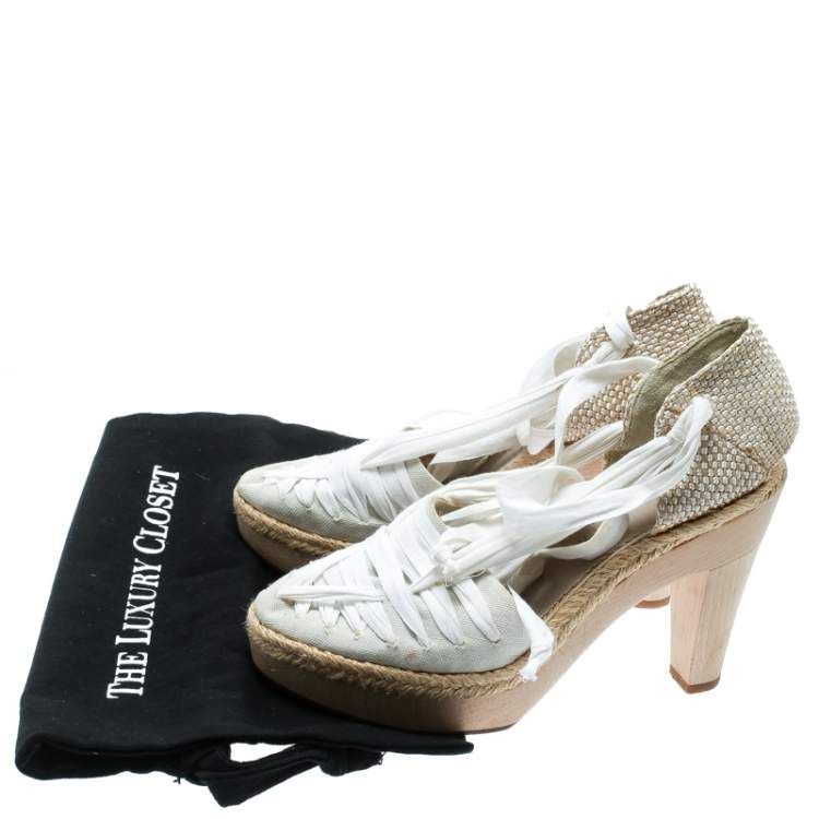 Pre Owned Stella McCartney White Canvas Espadrille Trim Tie Up Block Heel Sandals Size 38