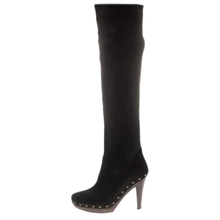 Pre Owned Stella McCartney Black Faux Suede Korda Studded Knee Length Boots Size 37