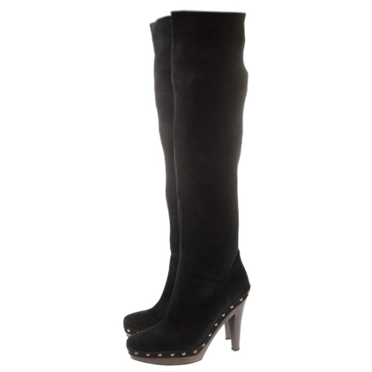 Pre Owned Stella McCartney Black Faux Suede Korda Studded Knee Length Boots Size 37