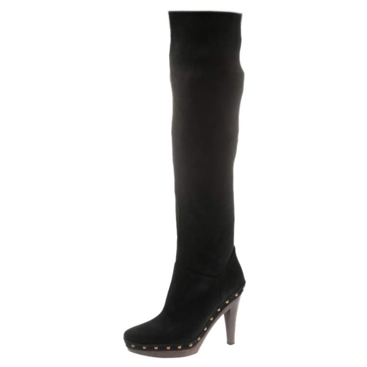 Pre Owned Stella McCartney Black Faux Suede Korda Studded Knee Length Boots Size 37