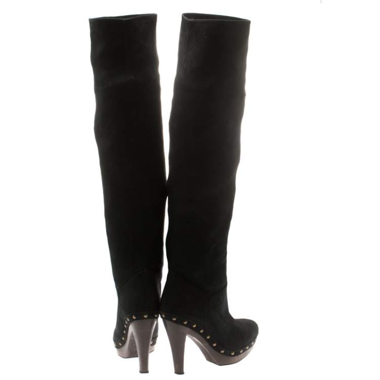 Pre Owned Stella McCartney Black Faux Suede Korda Studded Knee Length Boots Size 37