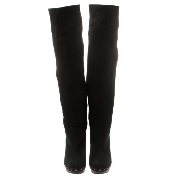 Pre Owned Stella McCartney Black Faux Suede Korda Studded Knee Length Boots Size 37
