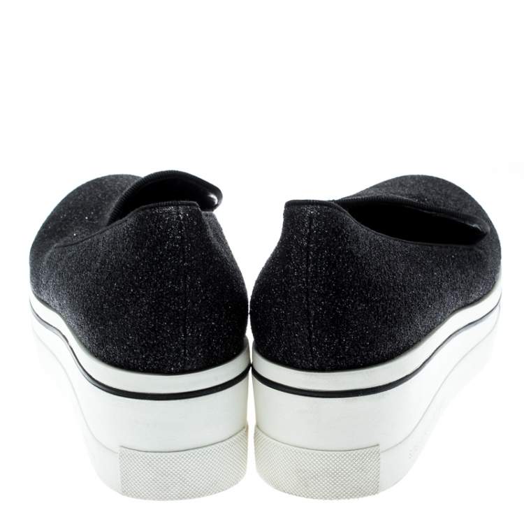Pre Owned Stella McCartney Black Glitter Binx Platform Slip On Skate Shoes Size 39